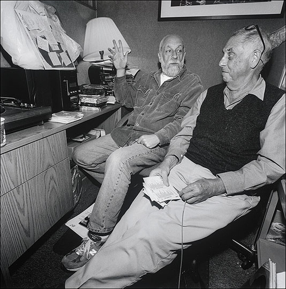 Joel Dorn and Lee Friedlander, surrounded by recording equipment.