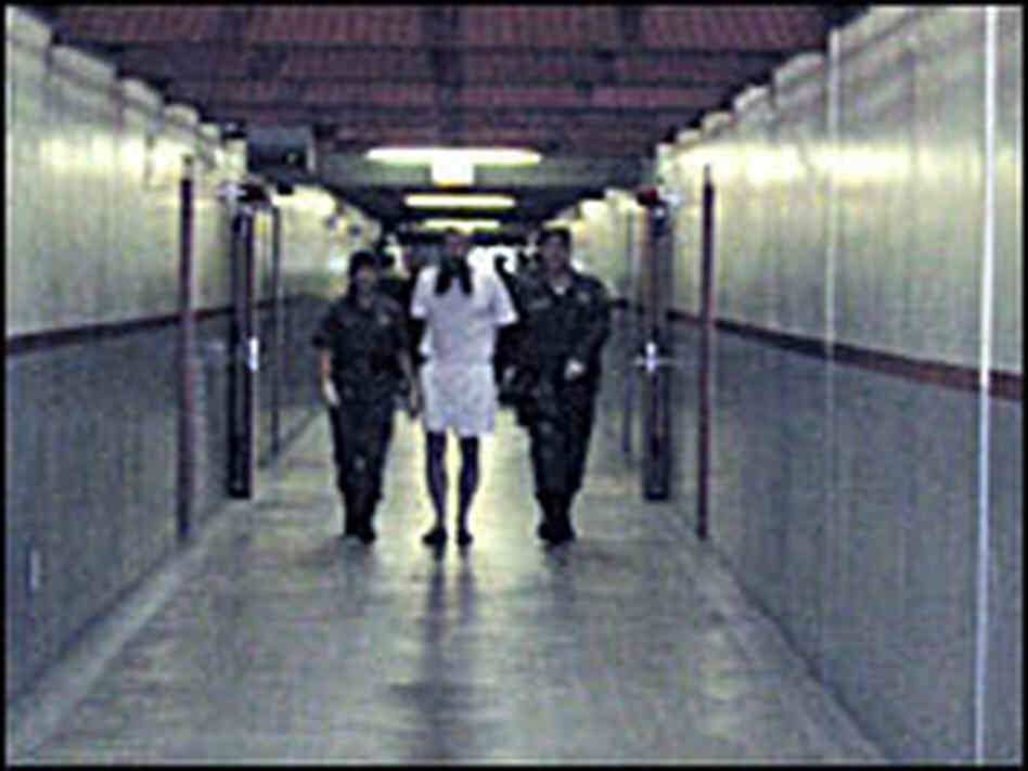 Guards escort an prisoner out of his solitary-confinement cell Guards escort an prisoner out of his solitary-confinement cell