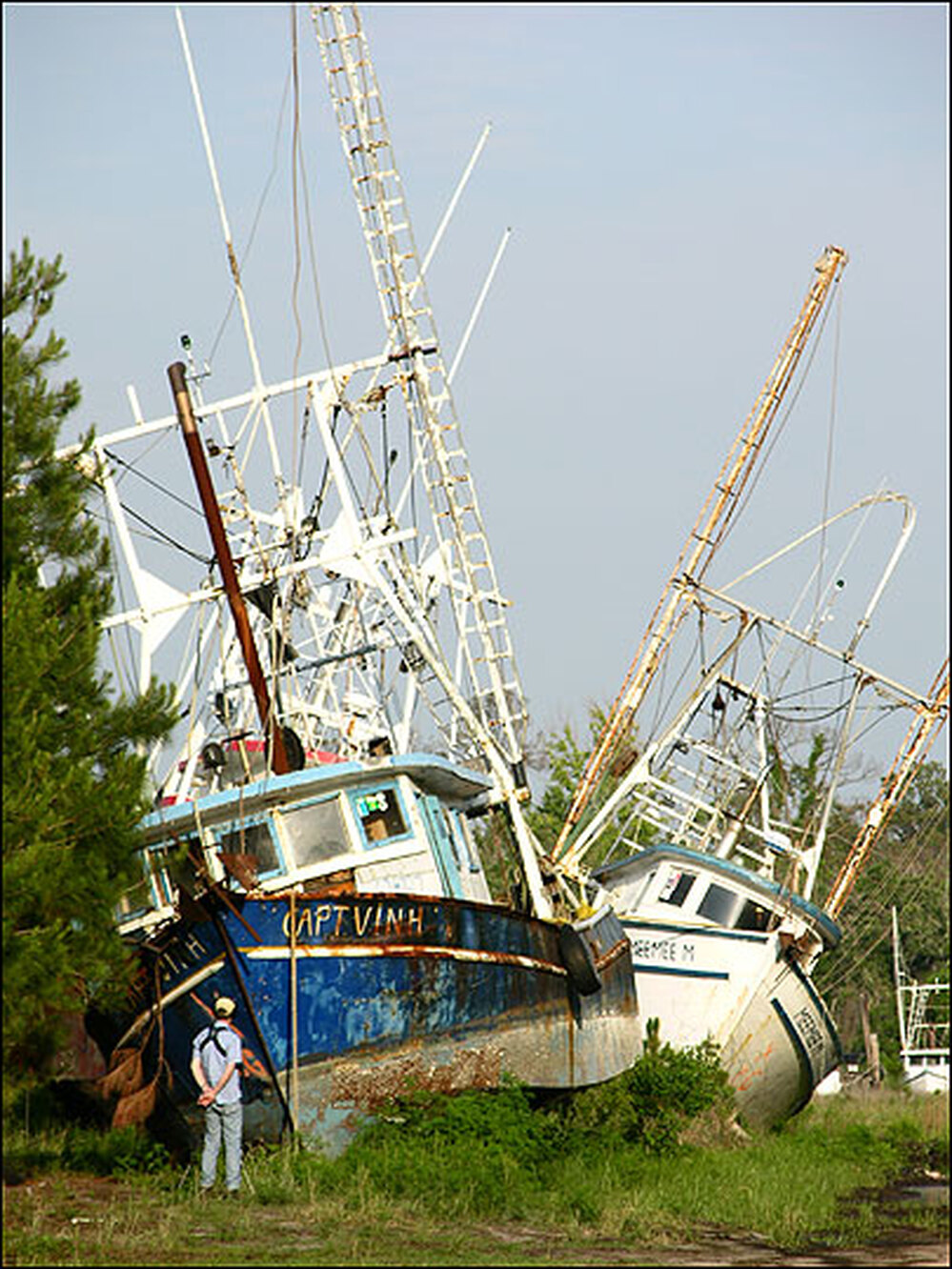 Two boats stranded inland by Hurricane Katrina.