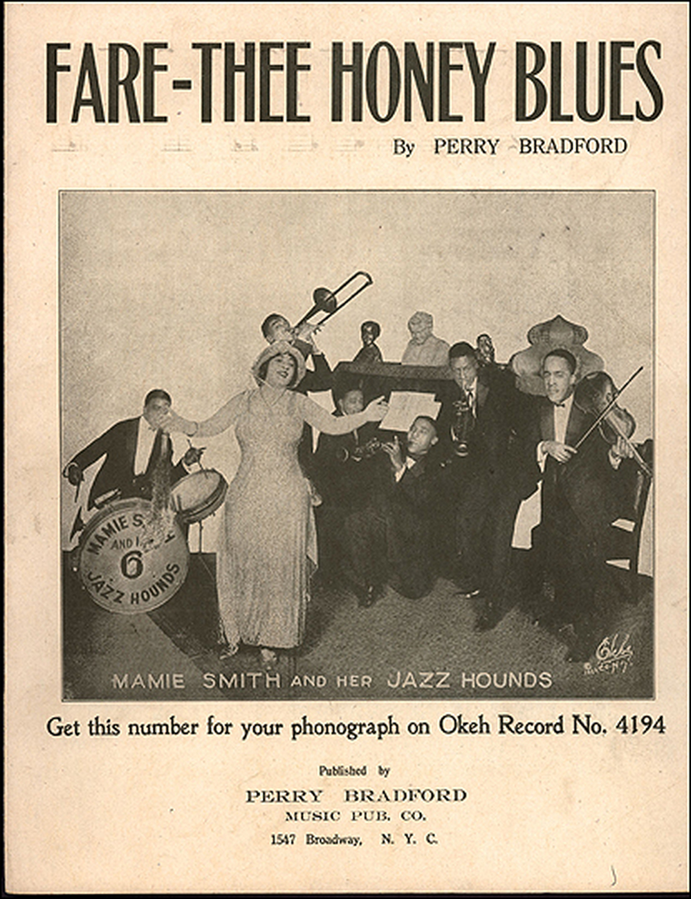 A detail from a 1920s record cover shows Mamie Smith and members of the Jazz Hounds.
