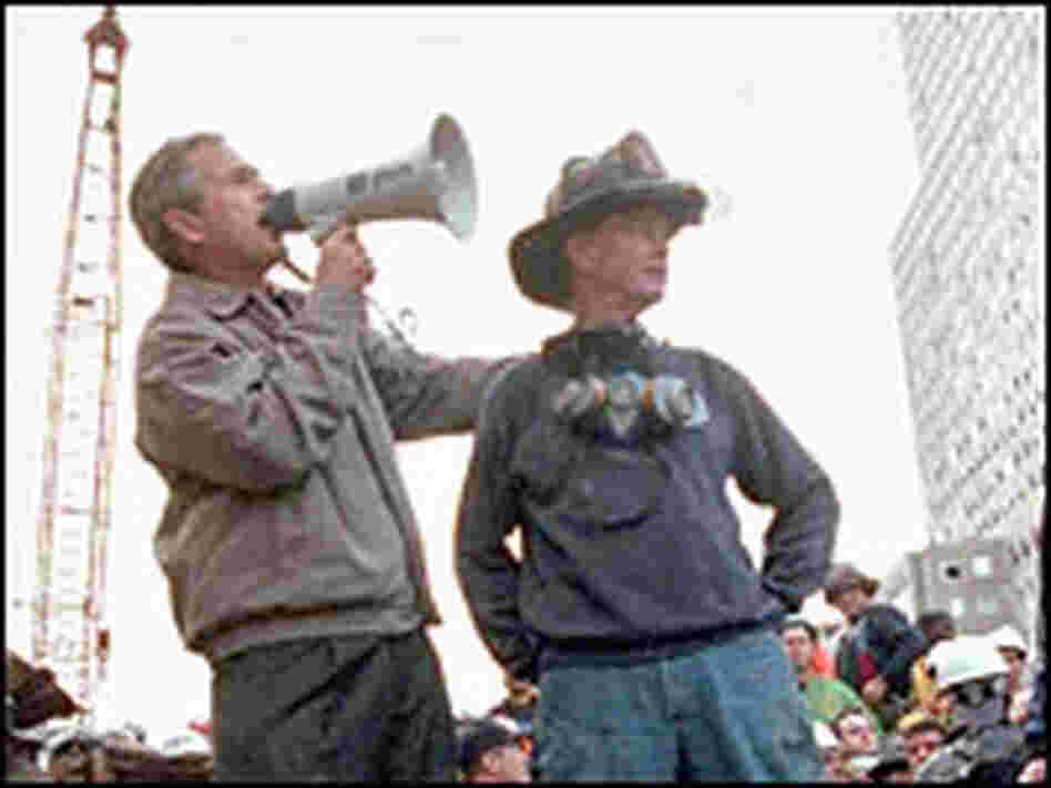 President Bush speaks to rescue workers at Ground Zero a few days after the attacks of Sept. 11, 200