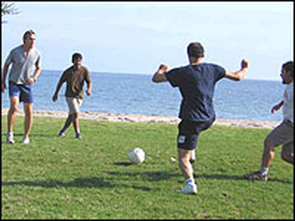 A biannual soccer game, pitting string theorists against big laser physicists, takes place at Univer A biannual soccer game, pitting string theorists against big laser physicists, takes place at Univer