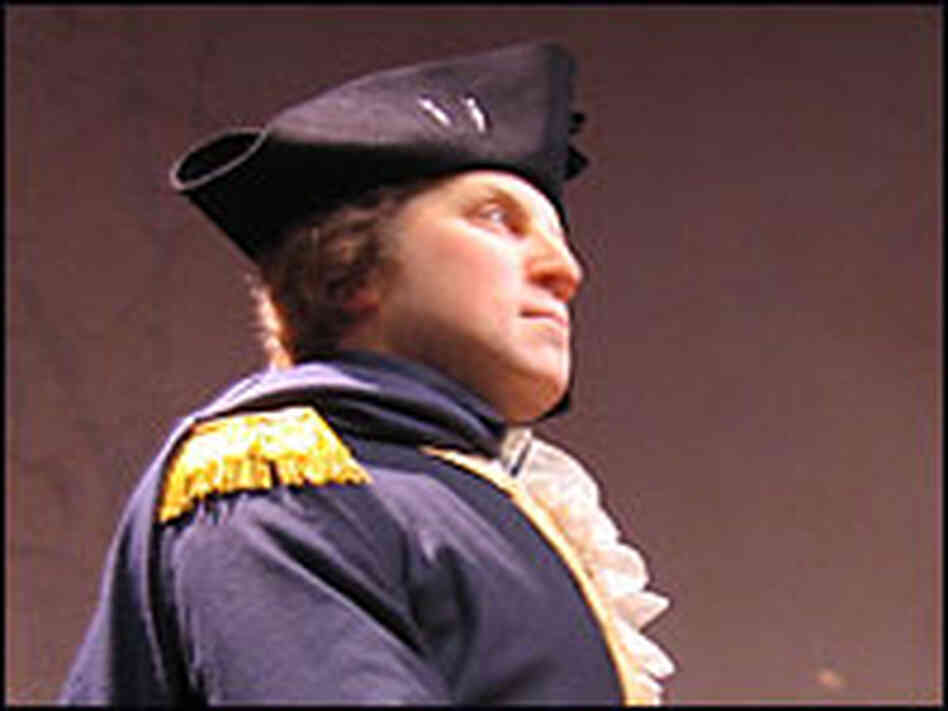 Washington atop his horse, Blueskin, at age 45 in a scene from the Revolutionary War's Valley Forge.