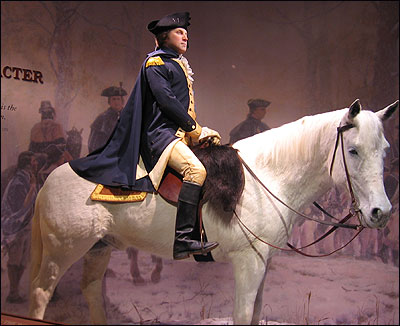 Washington atop his horse, Blueskin, at age 45 in a scene from the Revolutionary War's Valley Forge.