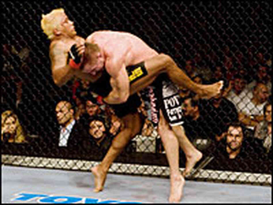 Hermes Franca (left) and Sean Sherk compete in Sacramento during UFC 73 in July.