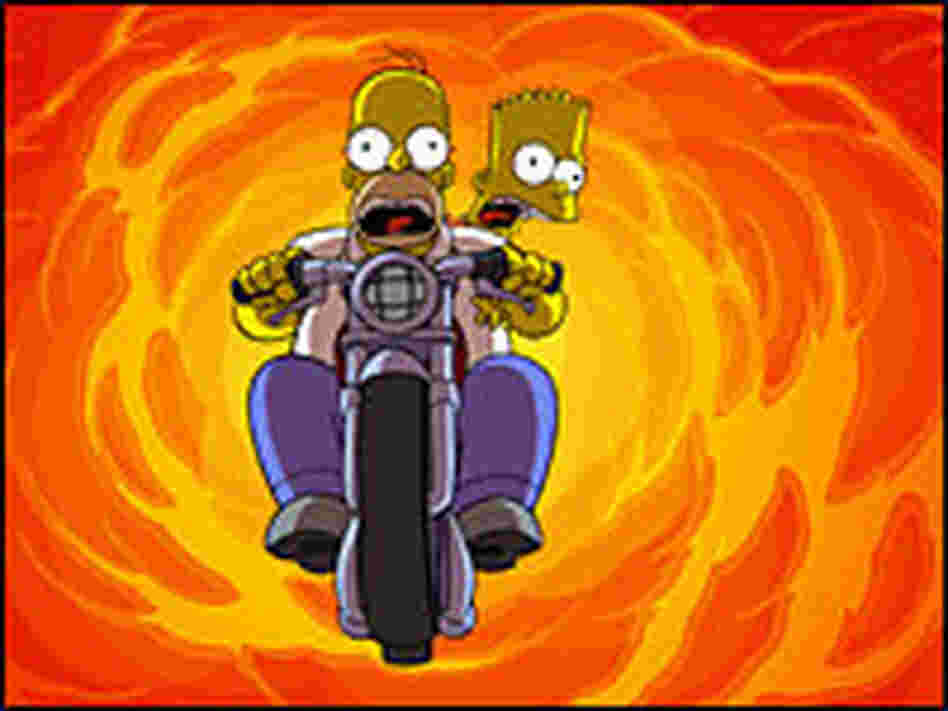 Homer and Bart flee a fireball on a motorcycle Homer and Bart flee a fireball on a motorcycle