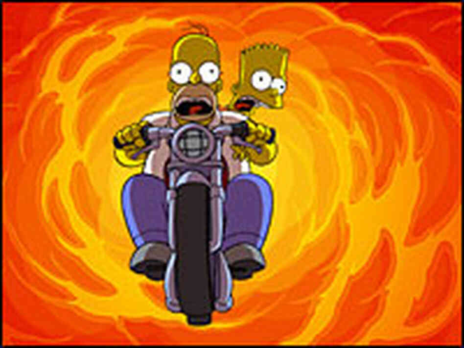 Homer and Bart flee a fireball on a motorcycle Homer and Bart flee a fireball on a motorcycle