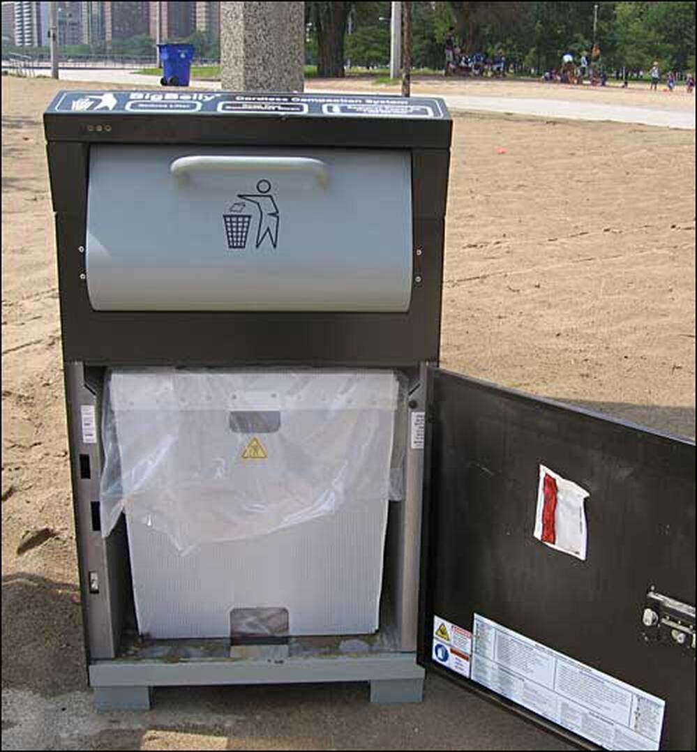 A "Big Belly" trash compactor in Chicago