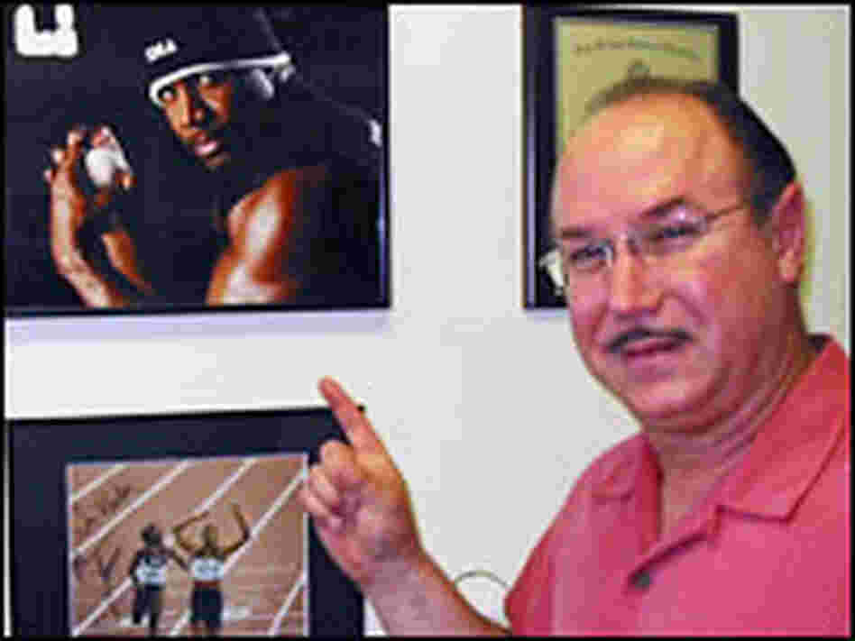 Victor Conte pointing to a photo Victor Conte pointing to a photo