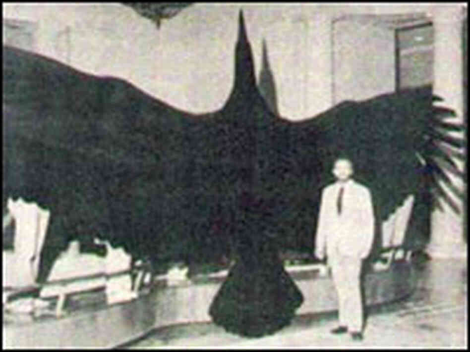 Kenneth Campbell stands with a cut-out of the fossilized giant bird.