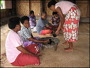 Village elders gather in Tikina Wai, a village on Viti Levu, for their daily kava ceremony. Kava is a tea made with cold water and the roots of a narcotic plant. The ceremony is the first stop for Nemata and other scientists seeking permission to study the coral reefs and mangrove forests.