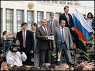 Russian President Boris Yeltsin speaks from atop a tank outside the government house in 199 Russian President Boris Yeltsin speaks from atop a tank outside the government house in 199