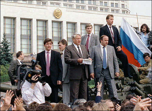 Russian President Boris Yeltsin speaks from atop a tank outside the government house in 199