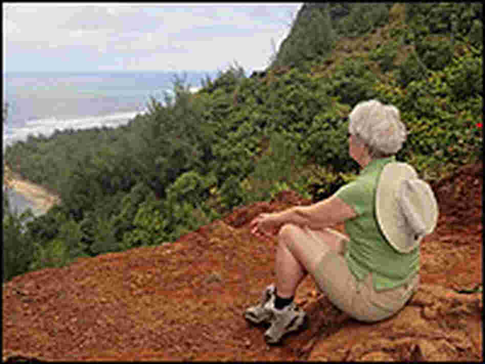 A woman on a hiking trail overlooking an ocean. A woman on a hiking trail overlooking an ocean.