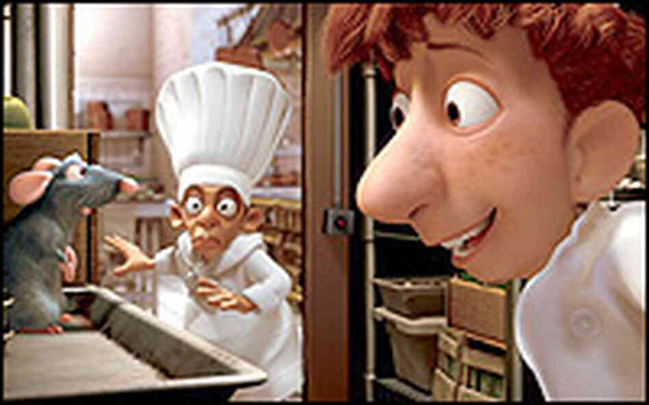 Cartoon rat Remy with two human chefs in 'Ratatouille' Cartoon rat Remy with two human chefs in 'Ratatouille'