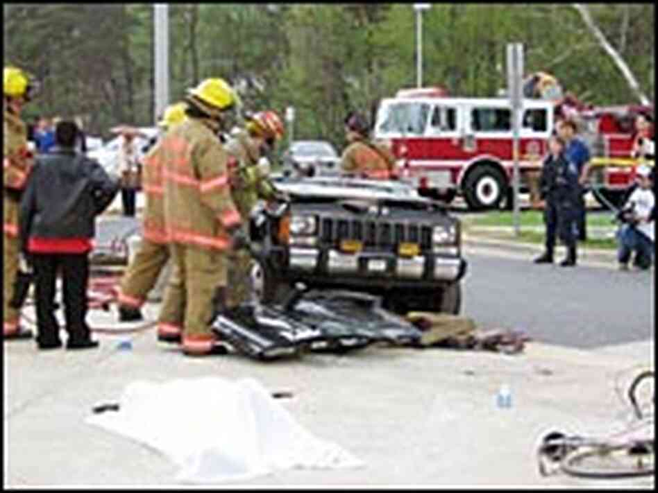This crash scene was staged recently in the parking lot of Rockville High School in Rockville, Md.,