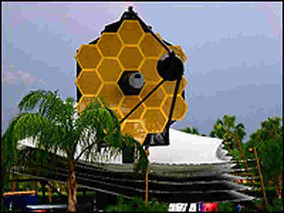 The James Webb  telescope is set up for a conference in Orlando, Fla.