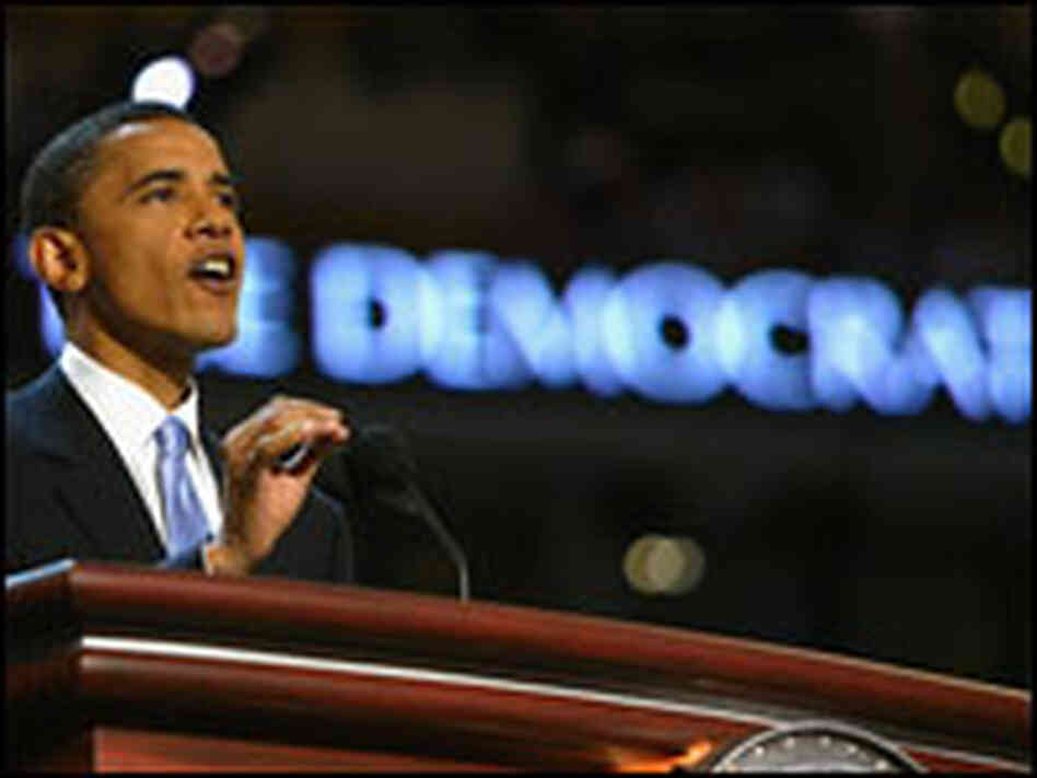 Obama delivering the keynote address at the Democratic National Convention.