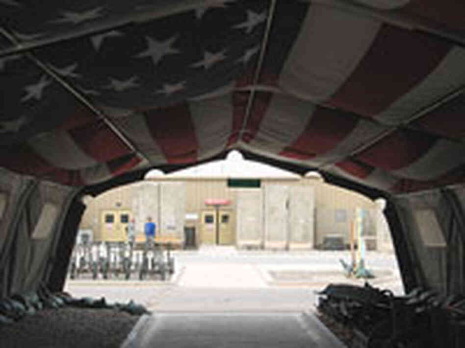 A large American flag at the air force hospital at Balad Air Base.