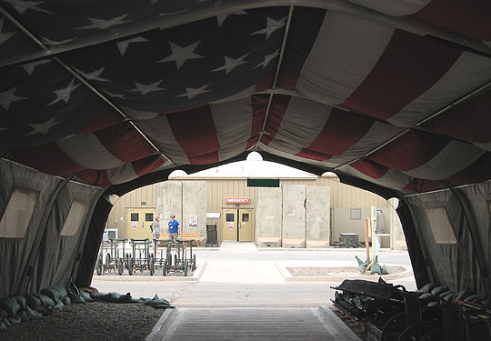A large American flag at the air force hospital at Balad Air Base.