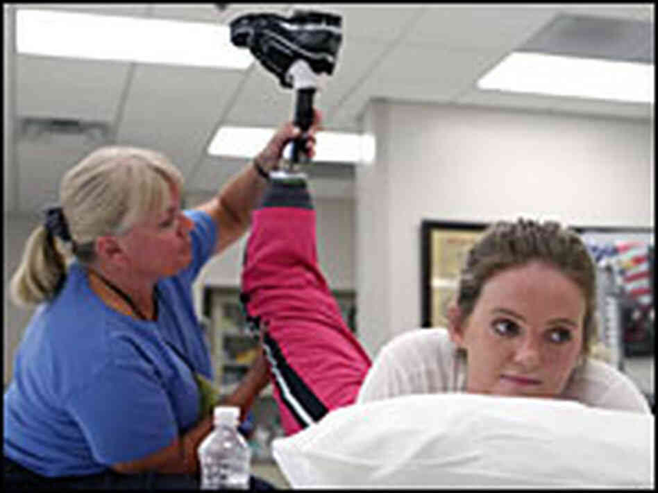 Army Spc. Sue Downes during physical therapy at Walter Reed