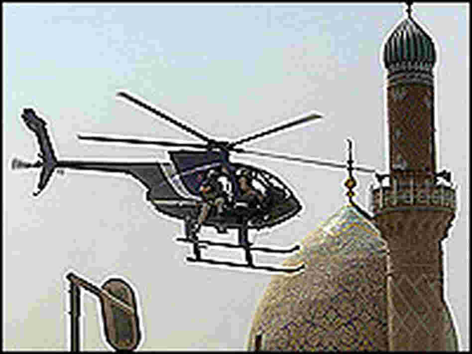 A blackwater helicopter flying over Baghdad