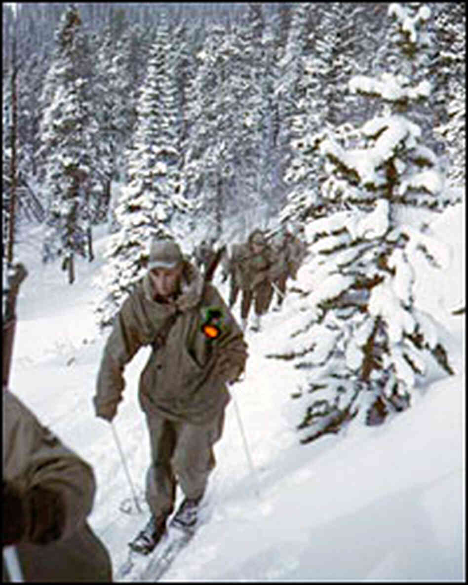 A group of 10th Mountain Division soldiers on skis move uphill over a snowy path near Camp Hale, C