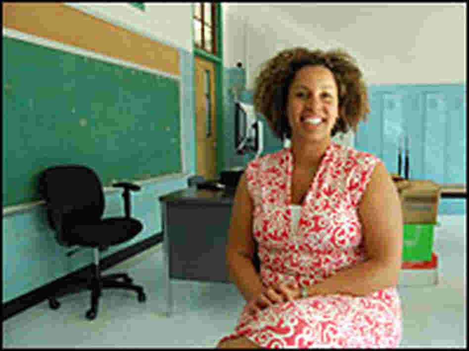 Channa Cook, principal of Sojourner Truth Academy, sits in a classroom at her school.