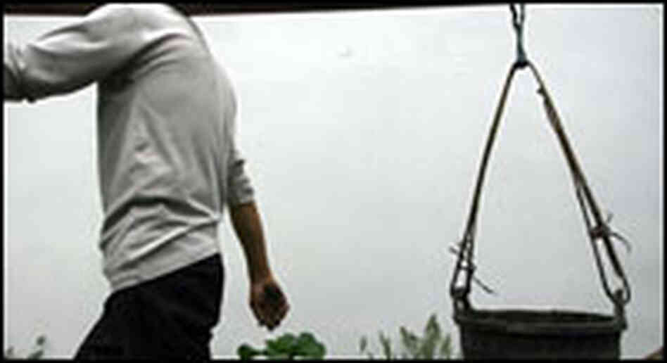 A farmer carries a bucket of manure at an organic farm in Anlong Village near Chengdu, China.
