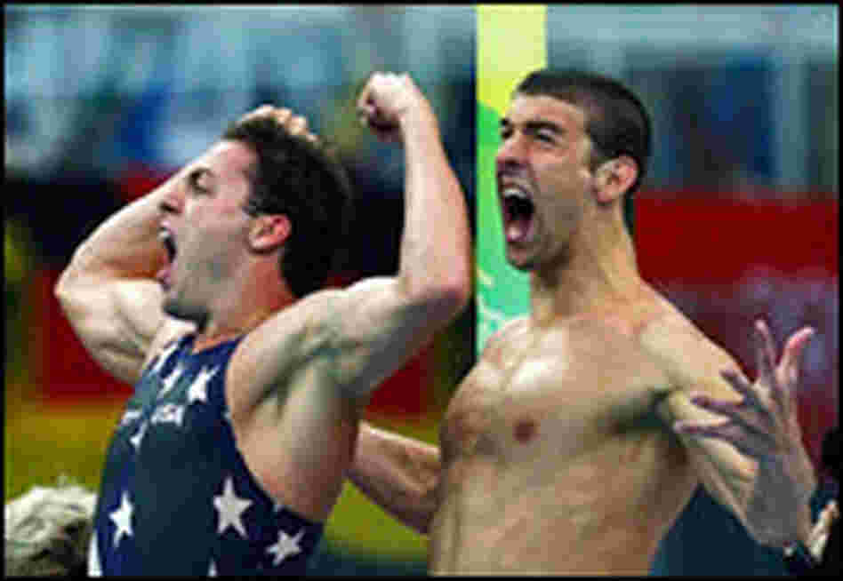 Garrett Weber-Gale, left, and Michael Phelps celebrate.