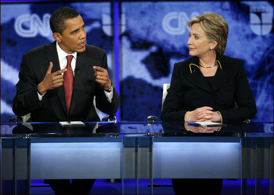 Barack Obama and Hillary Clinton participate in a debate in Austin, Texas, on Feb. 21.