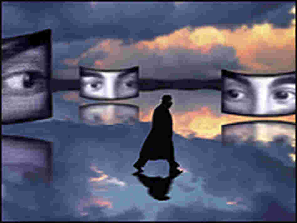 Illustration of eyes watching a shadowy figure.