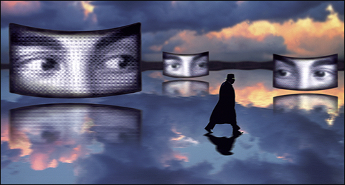 Illustration of eyes watching a shadowy figure.