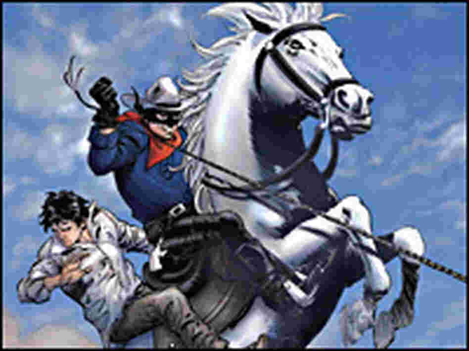 Lone Ranger astride Silver, rearing