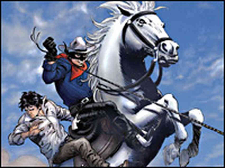 Lone Ranger astride Silver, rearing