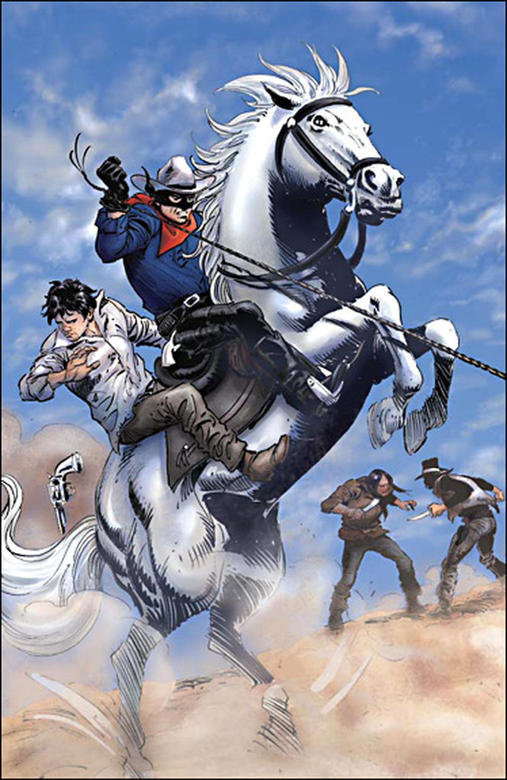 Lone Ranger astride Silver, rearing