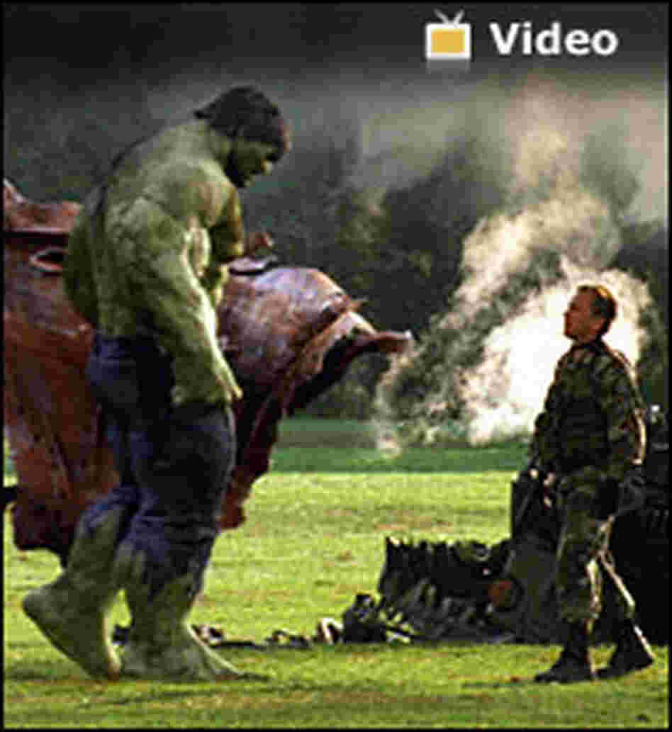 Hulk video launch photo -- The Hulk prepares to kick a soldier Hulk video launch photo -- The Hulk prepares to kick a soldier