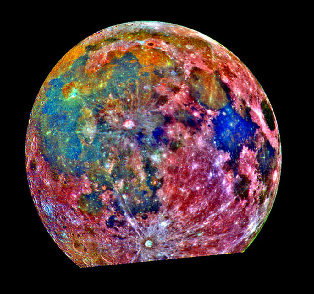 A false color photograph of the moon, taken Dec. 8, 1992,