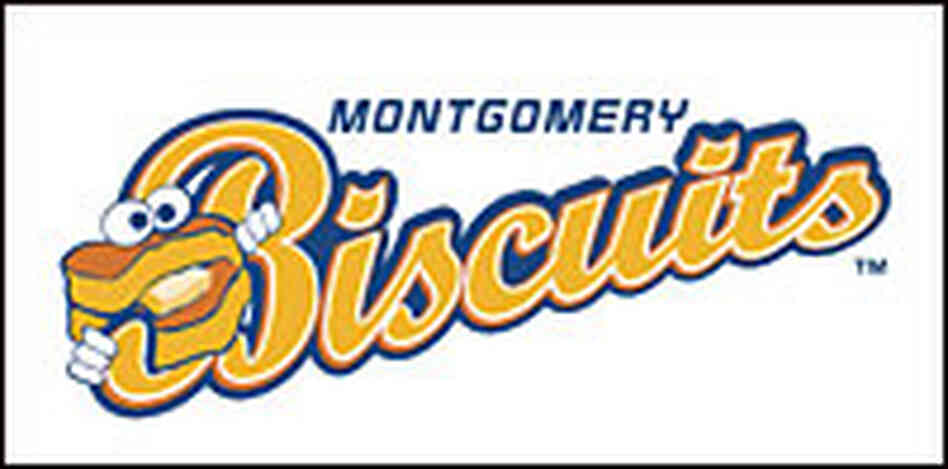 The logo for the Montgomery Biscuits includes a buttered biscuit. The logo for the Montgomery Biscuits includes a buttered biscuit.