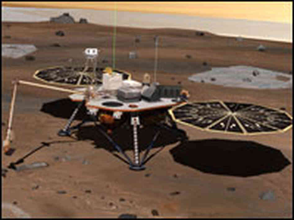 The Phoenix's robotic arm digs a trench in the arctic plains. (Artist conception)