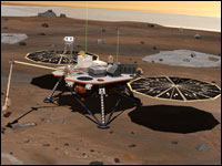 The Phoenix's robotic arm digs a trench in the arctic plains. (Artist conception)