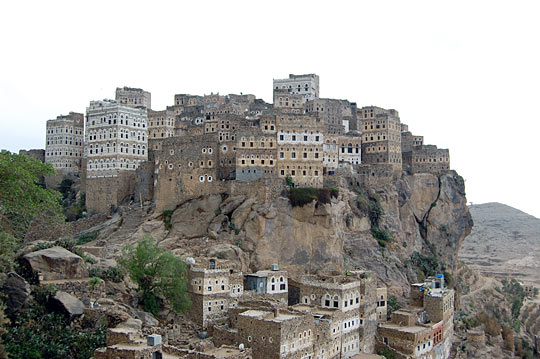 The village of Hajjarah is perched precariously on a stone cliff, accessible only by footpath.