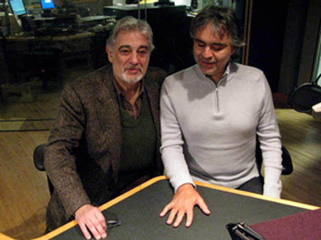 Placido Domingo and Andrea Bocelli in the NPR studios.