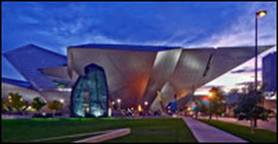 The Hamilton Building at the Denver Art Museum at night.