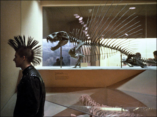 A young man with a mohawk walks in front of a dinosaur skeleton at the Smithsonian.