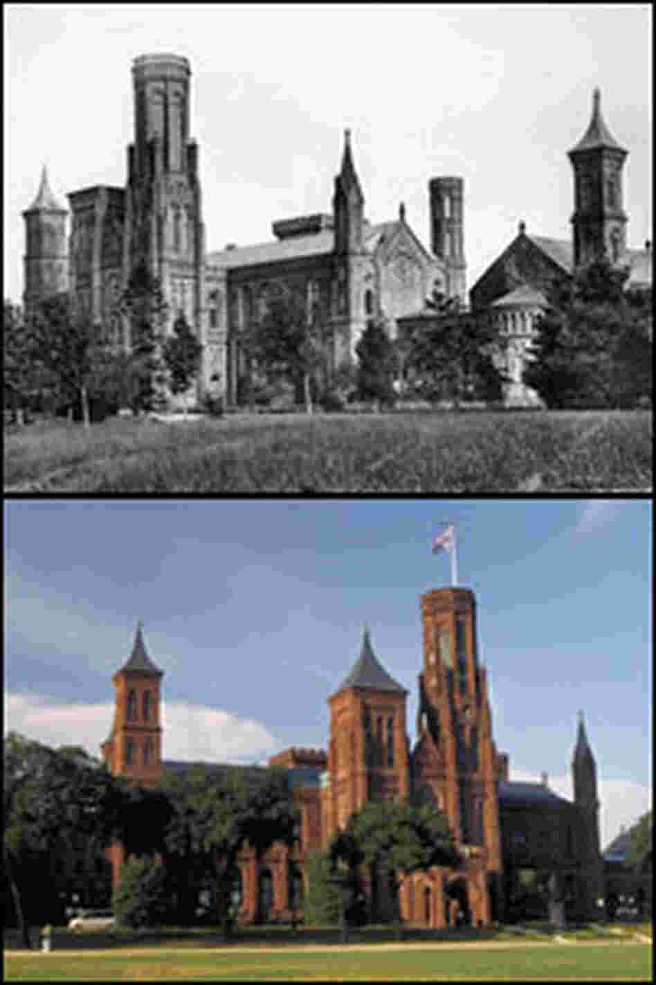 The Smithsonian 'castle' pictured in 1867, and as it appears today.