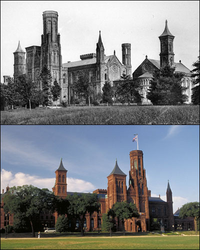 The Smithsonian 'castle' pictured in 1867, and as it appears today.