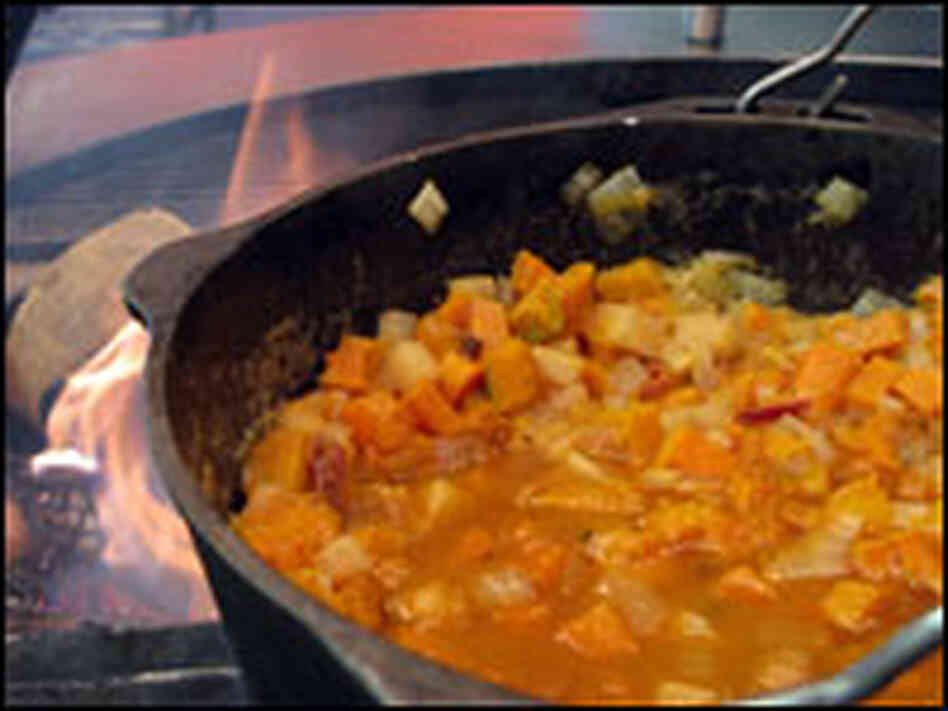 Soup simmers on the fire in the kitchen of the National Museum of the American Indian.