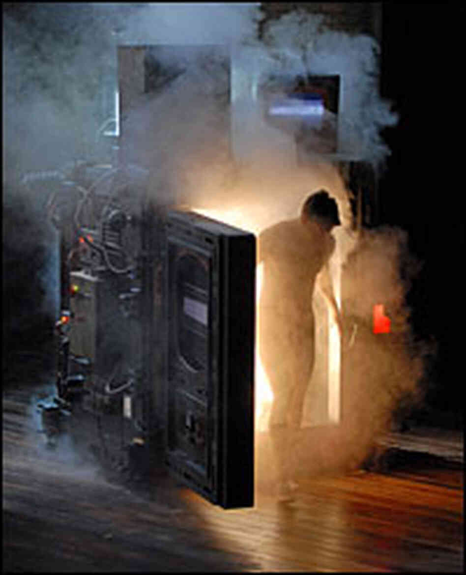 Daniel Okulitch steps out of the transport chamber in a cloud of smoke