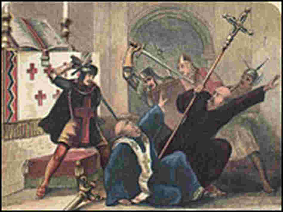 An illustration depicts the murder of Thomas Becket.